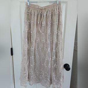 Floral Lace Maxi Skirt in Taupe with Drawstring Waist, Sz. 8, Neutral, Spring